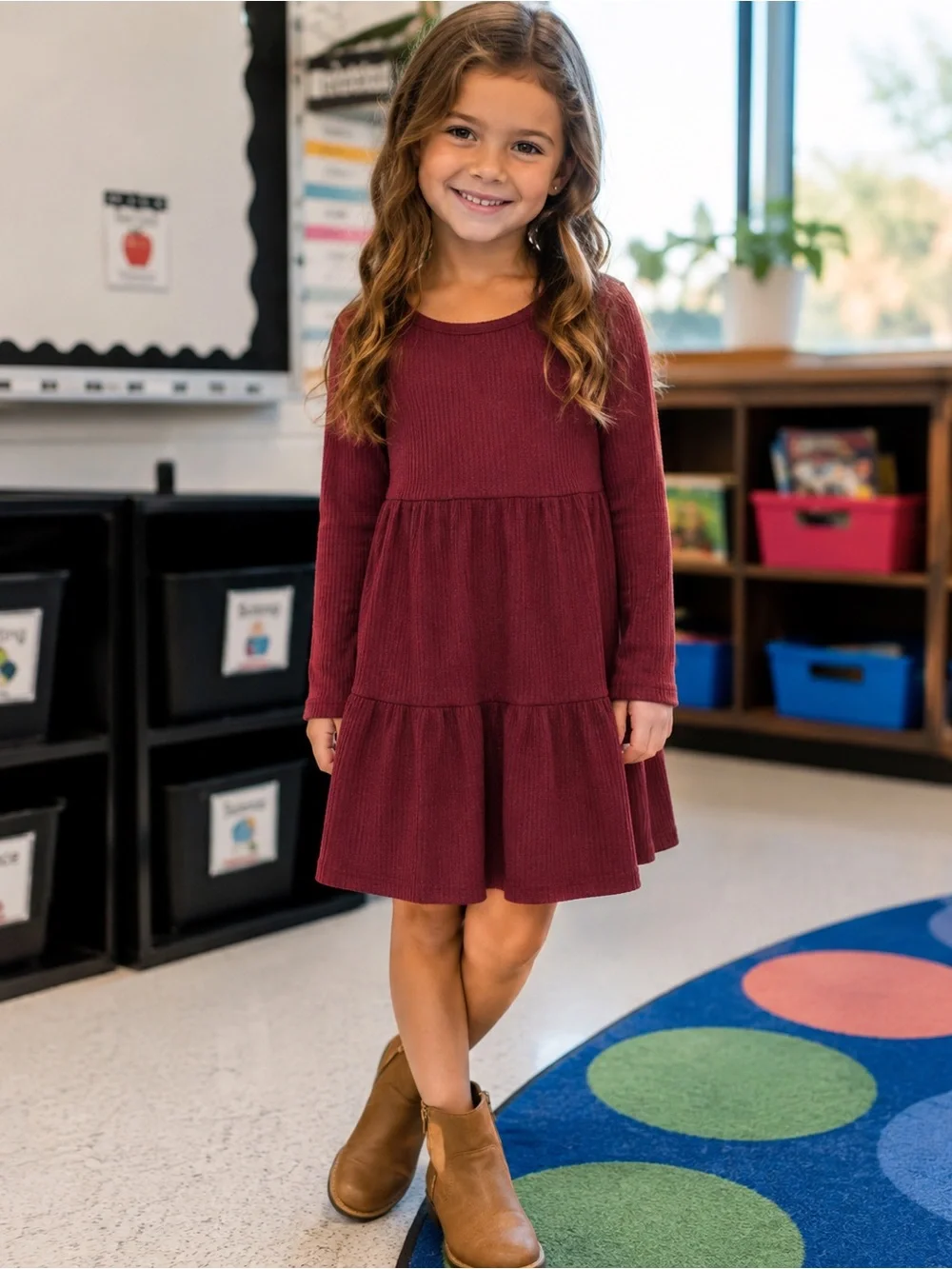 Cat & Jack Girls' Long Sleeve Tiered Dress - Burgundy